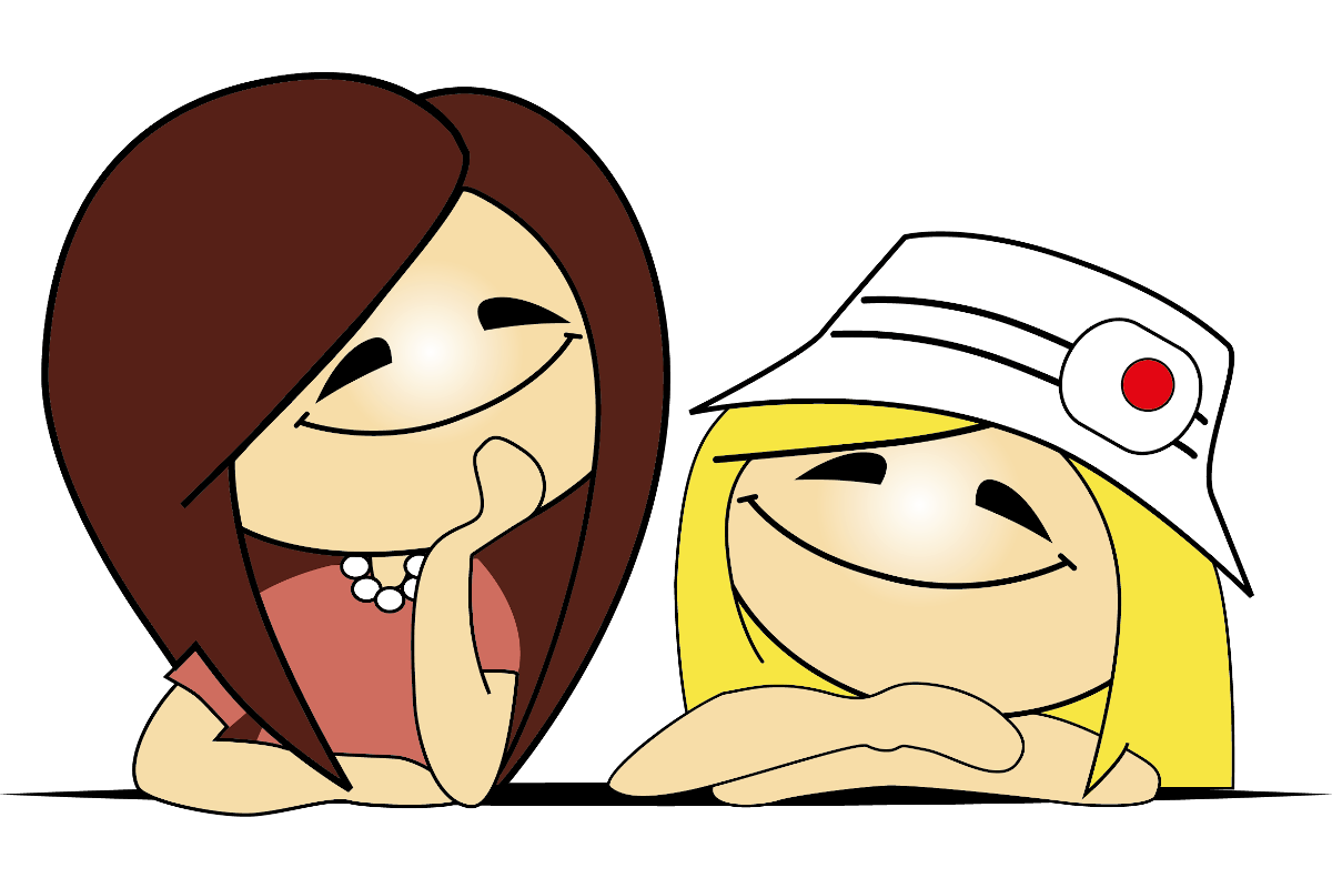 Zwei Comicfiguren lächeln. Daphne hat langes braunes Haar, eine Halskette und ein rosa Oberteil und stützt ihr Kinn auf ihre Hand. Doris hat glattes blondes Haar, trägt einen weißen Hut mit einem roten Kreis und stützt sich auf ihre Arme.